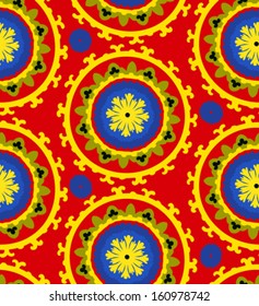 Ethnic pattern in bright color with stylized flowers, leaves and circular shapes with Kazakh, Turkish, Uzbek motifs Seamless vector texture for print, spring summer fashion, wallpaper, fabric, textile
