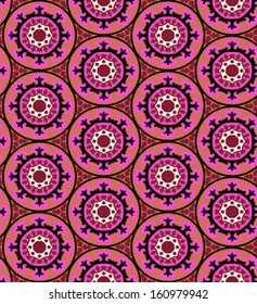 Ethnische Muster in heller Farbe mit stylischen Blumen, Blättern und runden Formen mit kasachischen, türkischen, usbekischen Motiven Nahtlose Vektorstruktur für Druck, Sommermode, Tapeten, Stoff, Textilien