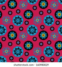 Ethnic pattern in bright color with stylized flowers, leaves and circular shapes with Kazakh, Turkish, Uzbek motifs Seamless vector texture for print, spring summer fashion, wallpaper, fabric, textile