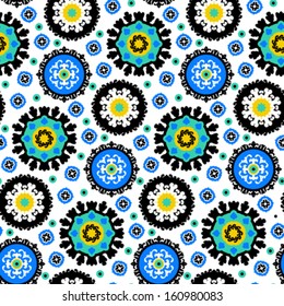 Motivo étnico de color brillante con flores estilizadas, hojas y formas circulares con motivos kazajos, turcos, uzbekos Textos vectoriales sin inmueble para impresión, moda de verano primaveral, papel pintado, tela