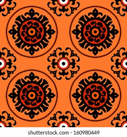 Ethnic pattern in bright color with stylized flowers, leaves and circular shapes with Kazakh, Turkish, Uzbek motifs Seamless vector texture for print, spring summer fashion, wallpaper, fabric, textile