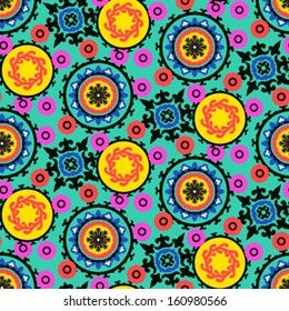 Ethnic pattern in bright color with stylized flowers, leaves and circular shapes with Kazakh, Turkish, Uzbek motifs Seamless vector texture for print, spring summer fashion, wallpaper, fabric, textile