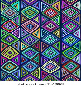 Ethnic pattern. The bright structure of traditional folk motifs, diamonds, triangles. Ethnic texture, painted by hand.