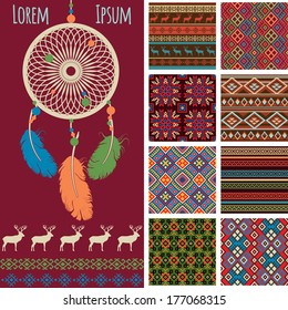 ethnic pattern collections set. bright  dreamcatcher, deer, borders and seamless pattern in bright red indians style isolated on white background. colorful vector illustration.