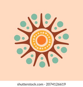 Ethnic pattern concept. Colorful oriental ornament with geometric shapes, circles and dots. Traditional design element for logo, emblem and printing on clothing. Cartoon flat vector illustration