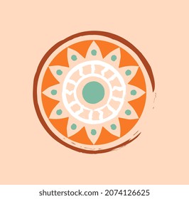 Ethnic pattern concept. Colorful oriental ornament with floral shape, triangles and circles. Traditional African design element for logos, social media and clothing. Cartoon flat vector illustration