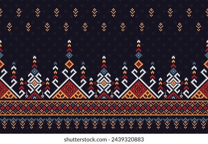 Ethnic pattern. Cross stitch pattern. Pixel patterns on a dark background. Design for cross stitch,fabric,pattern,embroidery,geometry,motif,towel,folk,retro,handcraft,abstract,batik,zigzag.