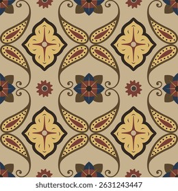 Ethnic pattern decorated with paisley motif and floral symmetrical design, Luxurious retro seamless pattern.