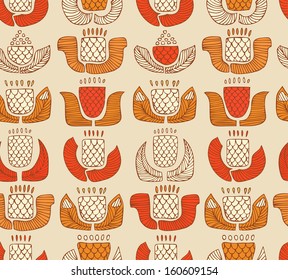 Ethnic pattern with decorative flowers, buds and leaves. Endless background with ornamental native elements. Hand drawn stylish texture for prints, covers, clothes