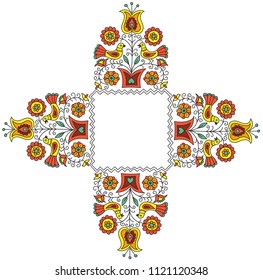 Ethnic pattern design of flowers in the pot and two birds sitting on the branches. Round/ square frame to design card, invitation, letter.