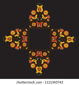 Ethnic pattern design of flowers in the pot and two birds sitting on the branches. Round/ square frame to design card, invitation, letter.