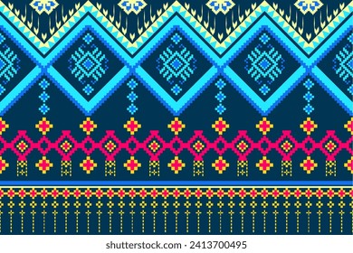 ethnic pattern design pixel graphics geometric shapes and flowers in yellow, blue, pink. Used for weaving, carpets, clothing, wrapping, batik, cloth, embroidery illustrations, ethnic abstract patterns