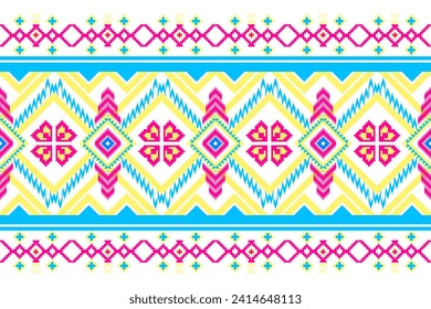 Ethnic pattern design, pixel graphics, geometric shapes and flowers in yellow, blue, pink. Used for weaving, rugs, clothing, wrapping, batik, fabric, embroidery illustrations, ethnic abstract patterns