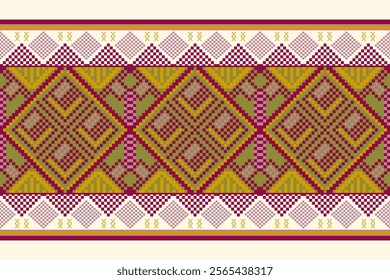 Ethnic pattern design of vintage fabric textile. Hand-drawn tradition flower of geometric shape. Pixel art, abstract, native, classic, red, pink, brown concept for wallpaper, floor, home decoration.