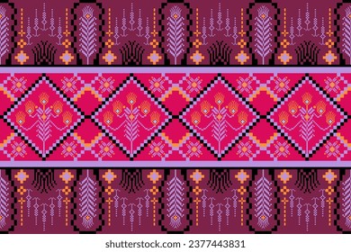 Ethnic pattern designs, ethnic pattern graphics, geometric shapes and flowers are used for weaving ,rug,clothing, wrap, batik, fabric, embroidery style illustration, Ethnic abstract pixel art style