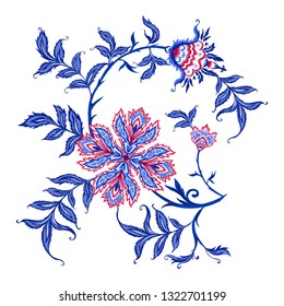 Ethnic pattern element in kalamkari style, fantasy floral pattern. Colored vector illustration. 