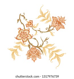 Ethnic pattern element in kalymkari style, fantasy floral pattern. Colored vector illustration. 