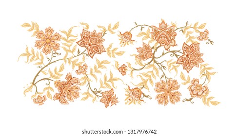 Ethnic pattern element in kalymkari style, fantasy floral pattern. Colored vector illustration. 