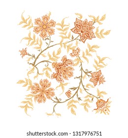 Ethnic pattern element in kalymkari style, fantasy floral pattern. Colored vector illustration. 