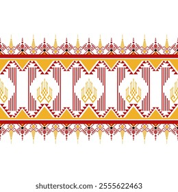 ethnic pattern with elements of tribal geometric patterns, floral motifs, yellow and red colors. Used in weaving, carpets, wallpaper, clothing, curtains, batik, fabrics and embroidery illustrations.