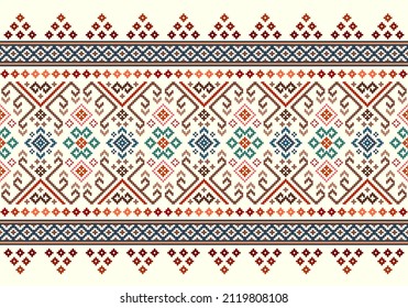 Ethnic pattern. Embroidery. Cross Stitch. Pixel. Geometric . Traditional. Design for clothing, fabric, background, wallpaper, wrapping, Knitwear. Vector. Illustration.