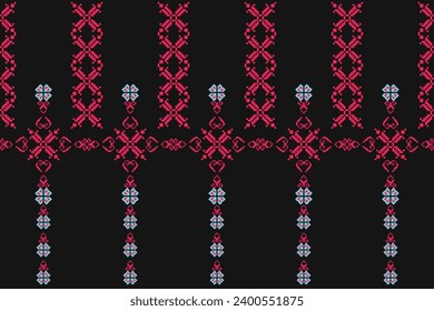 ethnic pattern fabric design In pixel style, floral patterns in red, pink and blue with a black background are used for weaving and embroidery.