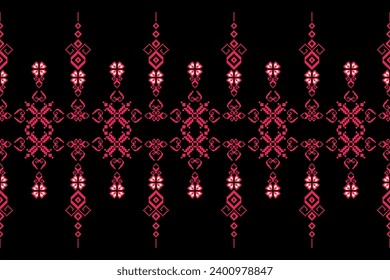 ethnic pattern fabric design in pixel format Red, pink and yellow floral patterns were used, with a black background for weaving and embroidery.