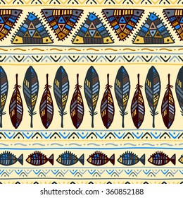 Ethnic pattern with feathers on beige background