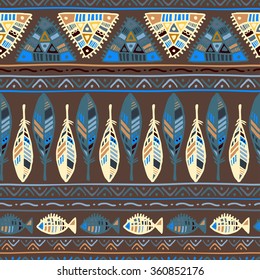 Ethnic pattern with feathers on brown background