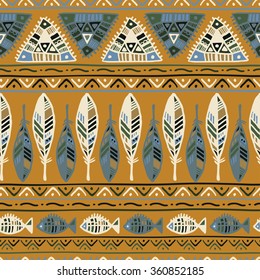 Ethnic pattern with feathers on yellow background