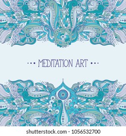 Ethnic pattern with floral ans abstract details, waves, blue colored, vector chinese japanase asian art, can be used for greeting card, invitation, book cover.