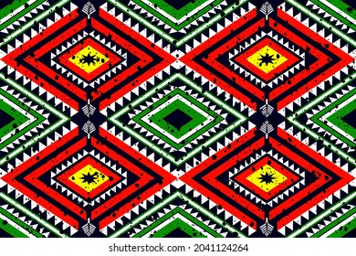 Ethnic pattern floral seamless traditional. Use geometric shapes.  Design for background,carpet,wallpaper,clothing,wrapping,Batik,fabric,Vector illustration embroidery style. red green and white color