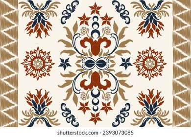 Ethnic pattern  flower Ikat Aztec African Mexican tribal flower motif on black background border embroidery.