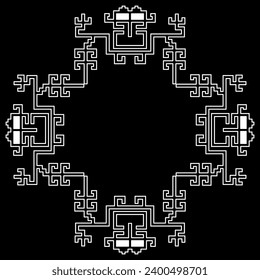 Ethnic pattern or frame with geometrical Nazca textile motifs. Native American indigenous design of pre Columbian Peru. Black and white silhouette.