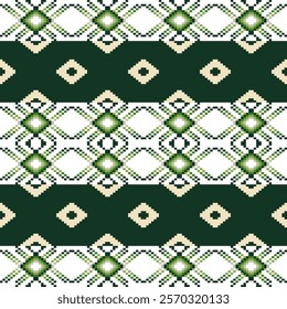 Ethnic pattern of geometric abstract shape. Green geometric design seamless. Hand-drawn, vintage, classic, simplicity, pixel, diamond, square concepts for tile, print, fabric design, texture, fashion.