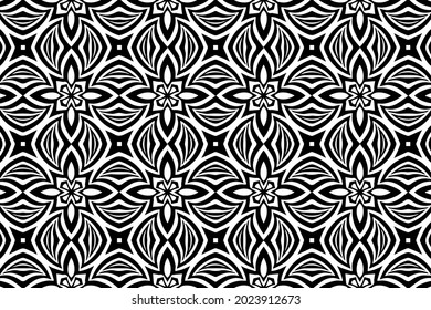 Ethnic pattern, geometric background. Abstract ornament in the style of optical illusion. Black white template for creativity, coloring, design.