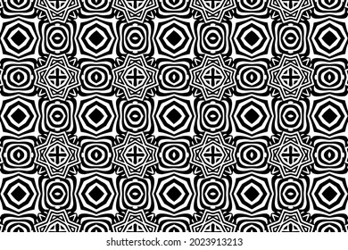 Ethnic pattern, geometric background. Artistic ornament in the style of optical illusion. Black white template for creativity, coloring, design.