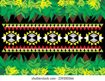 Ethnic pattern geometric background in colorful and green leaves, vector illustration.