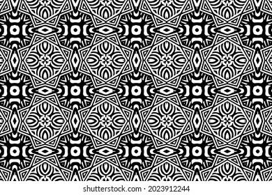 Ethnic pattern, geometric background. Decorative ornament in the style of optical illusion. Black white template for creativity, coloring, design.