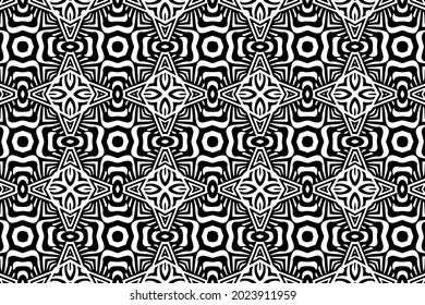 Ethnic pattern, geometric background. Elegant unique ornament in the style of optical illusion. Black white template for creativity, coloring, design.