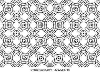 Ethnic pattern, geometric background. Oriental, Asian, Indian handmade style. Modern isolated black white ornament. Template for creativity, coloring, design.