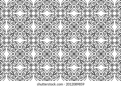 Ethnic pattern, geometric background. Oriental, Asian, Indian handmade style. Figured isolated black white ornament. Template for creativity, coloring, design.