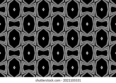 Patrón étnico, fondo geométrico. Un estilo oriental, asiático, indio, un adorno ridículamente único. Plantilla blanca negra para creatividad, coloreo, diseño.