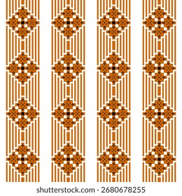 Padrão étnico de flor preta geométrica em pixel-art laranja com linhas verticais. Padrão étnico geométrico. Conceito de listras, negrito, motivos, vintage para papel de embrulho, bordado, batik, tapete.