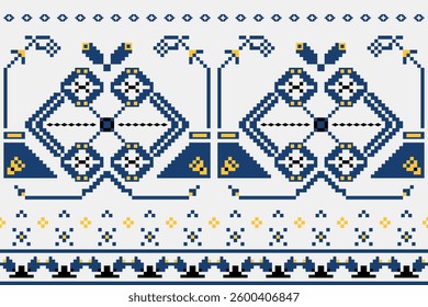 Ethnic pattern of geometric blue, black, yellow. Ethnic geometric seamless pattern. Flower shape, embroidery, batik texture, classic, motifs, native for textiles, fabric design, decor, interior, print