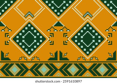 Ethnic pattern of geometric shape of green on orange background. Ethnic seamless pattern with abstract geometric. Vintage batik, native, batik, classic concept for textiles, fabric texture, decor.