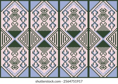 Ethnic pattern of geometric style in green border on pink background. Abstract geometric background. Hand-drawn, native, green, blue, pink, old-fashion, classic concept for wallpaper, decor, textile.