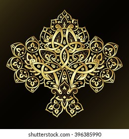 Ethnic pattern in gold and black colors. Oriental decorative elements. Boho style vector illustration.