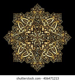 Ethnic pattern in gold and black colors. Oriental decorative elements. Boho style vector illustration.