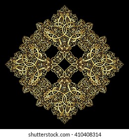 Ethnic pattern in gold and black colors. Oriental decorative elements. Boho style vector illustration.